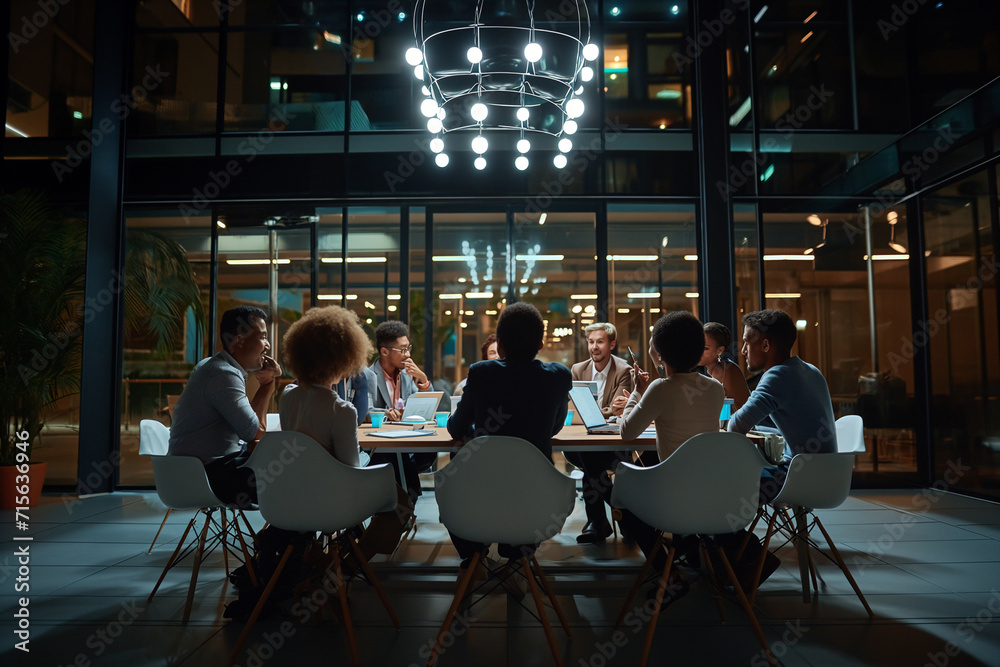 Group of multiethnic people meeting in conference hall at the night time.