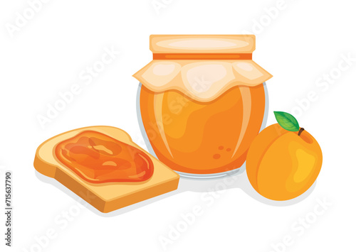 Toasted bread with apricot jam vector illustration. Toast and apricot jam breakfast still life vector. Jam jar with apricot and slice of bread icon isolated on a white background photo