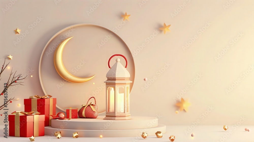 ramadan kareem banner background with golden lantern and gift box, 3d moon ramadan background ramadan kareem banner background with golden lantern and gift box, 3d moon ramadan background
