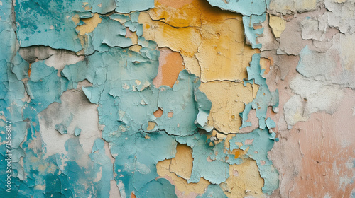 Aged wall with peeling paint in various colors. Layers of old paint visible, creating a history of the wall