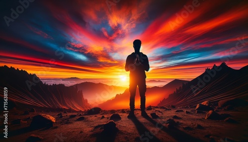 Silhouette of a Man in Prayer at Majestic Mountain Sunset