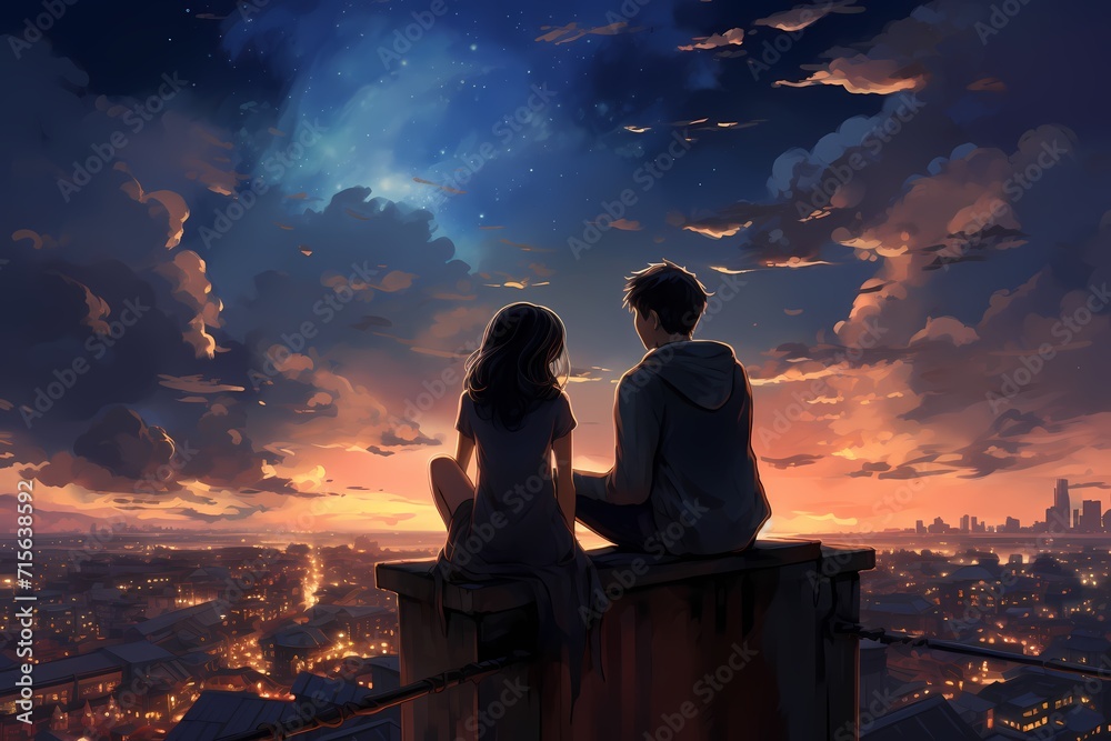 A couple sitting on a rooftop, stargazing and marveling at the beauty of the universe together.