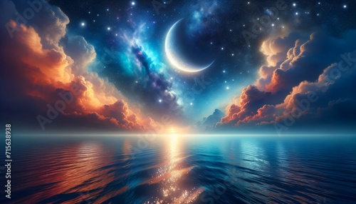 A beautiful view of the Sun, Moon and Stars in Harmony Over the Calm Reflection of the Waters photo