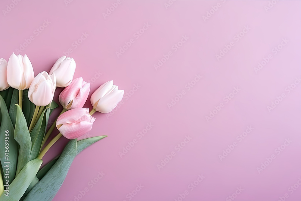 Pink Tulip Flowers Bouquet Top View with Copy Space for Text on Pinkish Background. Greetings, 8 March, Women's Day, Mother's Day, Valentine's Day, Wedding, Anniversary