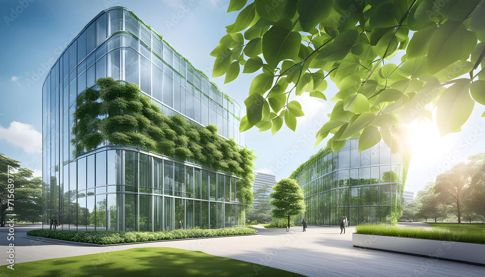 Ecological building in a modern city, 3D-rendering, a stable glass office building to reduce carbon dioxide, an office building with a green environment, - obrazy, fototapety, plakaty 