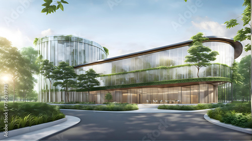 Ecological building in a modern city, 3D-rendering, a stable glass office building to reduce carbon dioxide, an office building with a green environment,