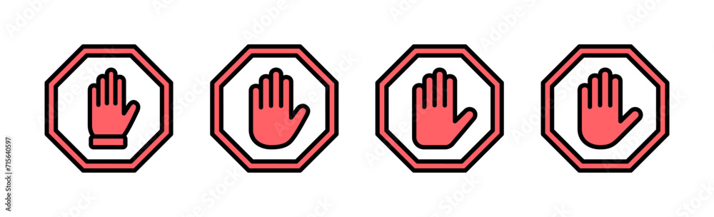 Stop icon set illustration. stop road sign. hand stop sign and symbol. Do not enter stop red sign with hand