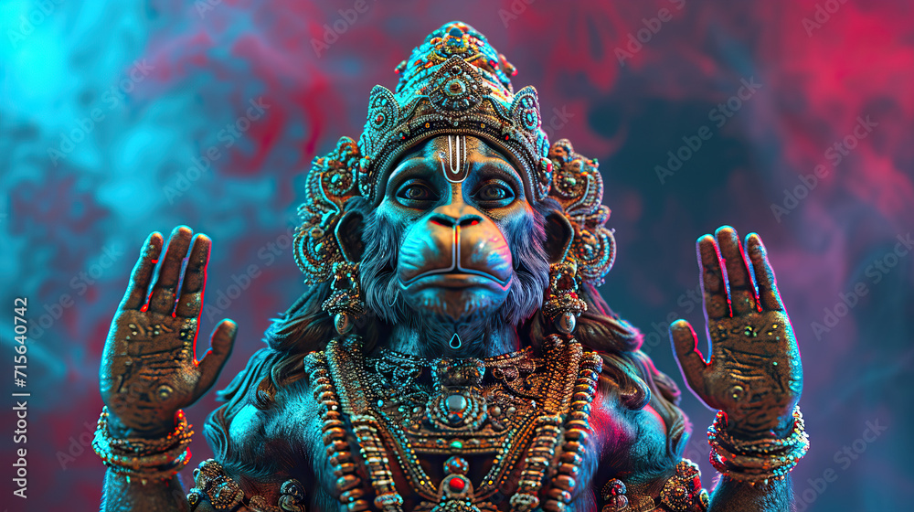 Lord Hanuman Set Against an Abstract Background, Commemorating the Hanuman Jayanti Festival of India and the Joyous Celebration of Dussehra - obrazy, fototapety, plakaty 