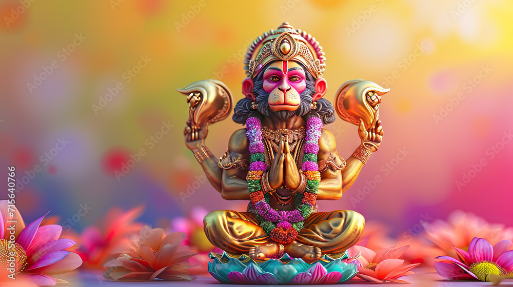 Lord Hanuman Set Against an Abstract Background, Commemorating the Hanuman Jayanti Festival of India and the Joyous Celebration of Dussehra