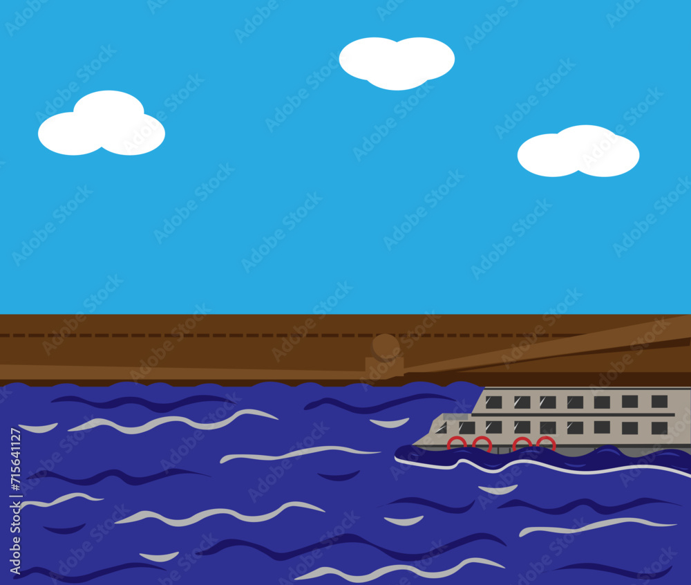 Obraz premium the ship sails along the river on the waves against the background of a brown granite embankment and a blue sky