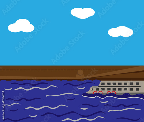 the ship sails along the river on the waves against the background of a brown granite embankment and a blue sky