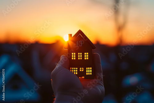 Generative AI image of person holding a toy house at sunset