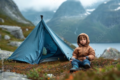 Child traveling with camping tent gear active family vacations kid hiking outdoor healthy lifestyle adventure trip exploring mountains of Norway.