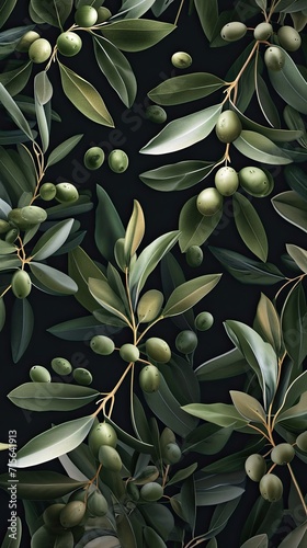 A bunch of green olives on a tree branch, monochromatic green and yellow background