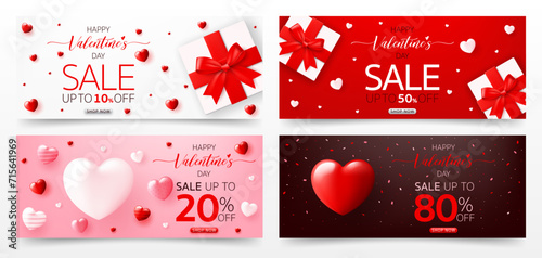 Set of 3D Happy valentine’s day sale banner template. special discount promotion sale offer with cute gift box, heart background for valentine online shop, store, advertising card, social media post