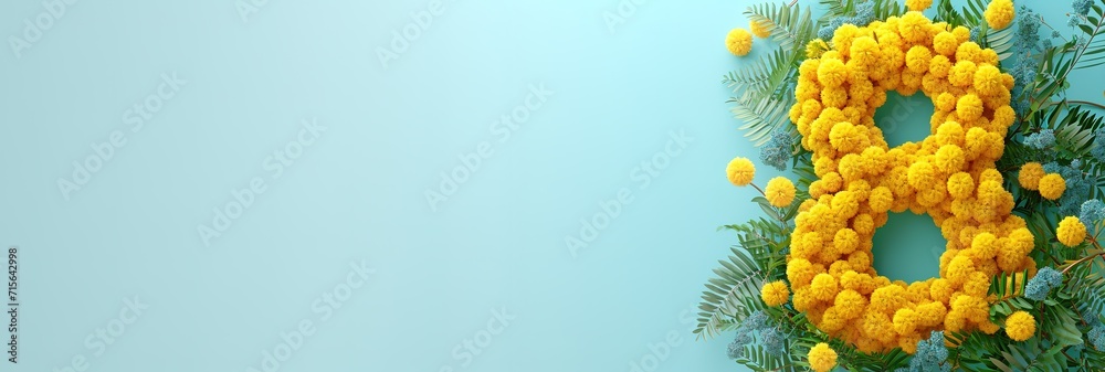 8 March Greeting Card: Number eight Crafted from Bright Mimosa Flowers for Womens Day Celebration, blue background, banner copyspace - obrazy, fototapety, plakaty 