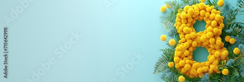 8 March Greeting Card: Number eight Crafted from Bright Mimosa Flowers for Womens Day Celebration, blue background, banner copyspace photo