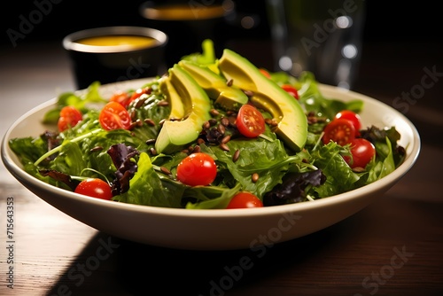A vibrant bowl of mixed greens, tossed in a tangy vinaigrette and garnished with cherry tomatoes and avocado slices.