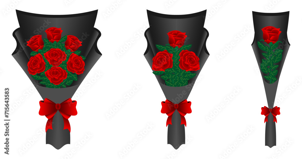 Bouquet of Roses vector set. black bouquet with ribbon bow and red blossom rose. vector illustration isolated on white background. Bouquet of Roses vector set. black bouquet with ribbon bow and red blossom rose. vector illustration isolated on white background.