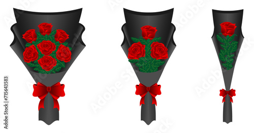 Bouquet of Roses vector set. black bouquet with ribbon bow and red blossom rose. vector illustration isolated on white background.