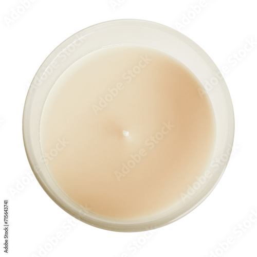 A white, light candle in a frosted glass glass with the scent of vanilla, cotton or freshness and comfort. On a blank background