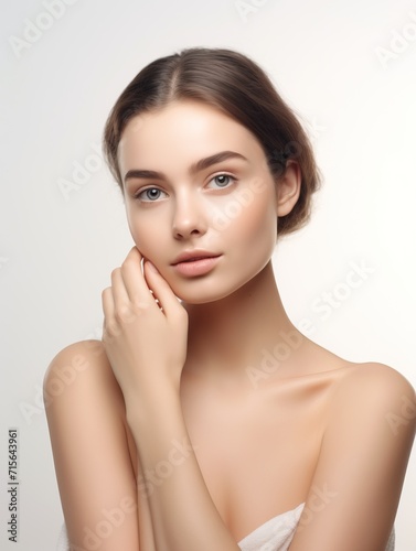 Portrait of a young woman with natural makeup and natural styling.Cosmetology,beauty and Spa Happy beautiful girl holding her cheeks with a laugh looking to the side.Pretty woman clean fresh skin. 