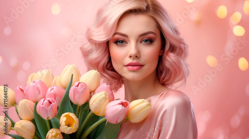 beautiful woman with a bouquet of delicate pink tulips on a peach-colored shimmering background