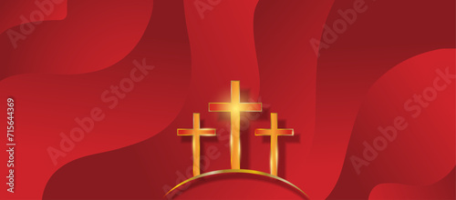 Three golden crucifix atop the hill on a red abstract background. Good Friday Holy week symbol background with text for space. Jesus Christ and three cross backdrop. Crucifixion of Jesus. Vector.