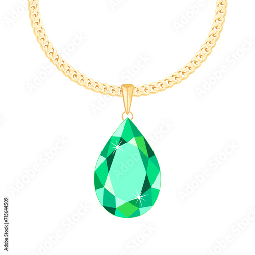 Gold chain with green gem pendant isolated on white background. Vector cartoon illustration of jewelry.