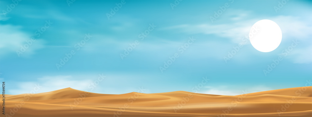 Blue Sky,Cloud and Desert landscape with Sand Dunes in hot Sunny day Summer,Vector Panoramic morning scene nature with brown sand texture,Concept for Travel or Spring,Summer Promotion