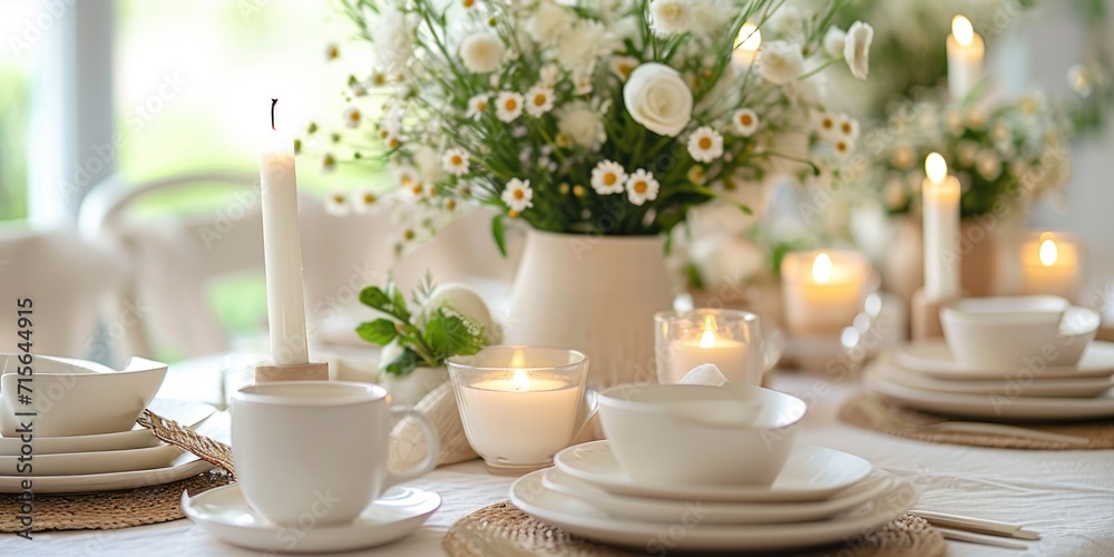 A table set with white plates and white cups and saucers
