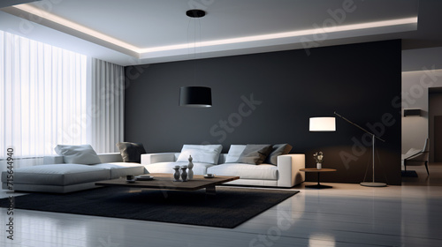 Luxurious open plan livingroom and kitchen interior design in modern contemporary style black and grey colour.