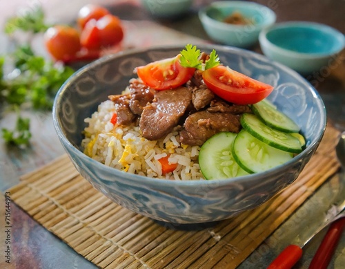 Asian dish prepared with beef pieces, tomatoes and cucumber slices on top of fried rice served in a bowl, for an healthy and complete meal 