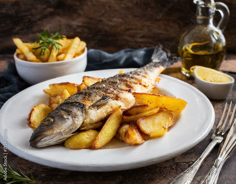 Fresh grilled sea bass served with fried potatoes in white plate 