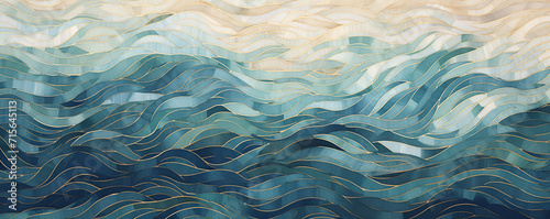 an abstract painterly style is depicted on an art print, in the style of vintage graphic design, naturalistic ocean waves, mosaic composition, use of paper, shaped canvas, dark cyan and light beige