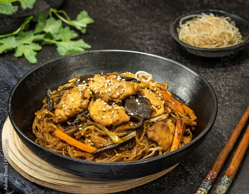 Korean Japchae recipe with chicken, Sweet potato vermicelli, vegetables