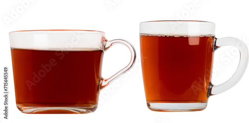 2 cups of black tea with bergamot in a transparent glass cup. On a blank background