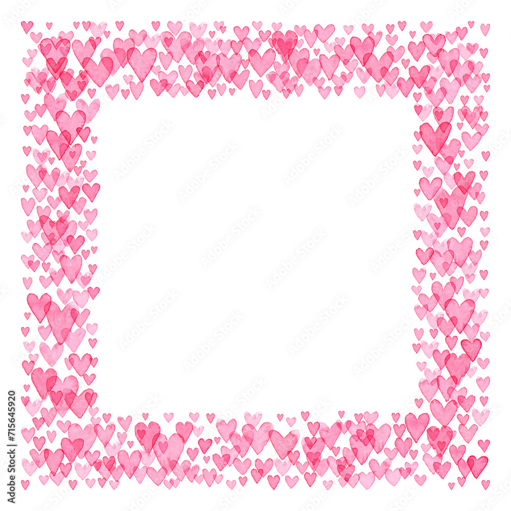 Watercolor hearts square frame. Transparent confetti hearts are chaotically arranged. Handwork with a brush on paper. Clipart for Valentine's Day, wedding, birthday. Cute kawaii pattern.
