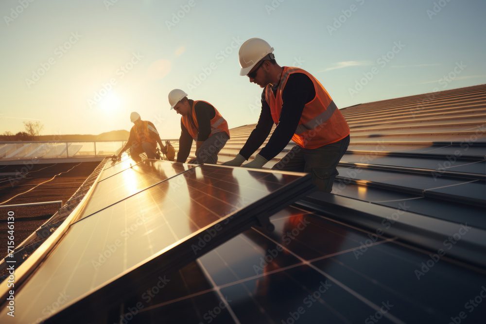 Technician works with solar panels in a field against a sunset background. The concept of environment, renewable sources, power generation, alternative energy and ecology. - obrazy, fototapety, plakaty 
