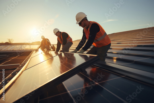 Technician works with solar panels in a field against a sunset background. The concept of environment, renewable sources, power generation, alternative energy and ecology.
