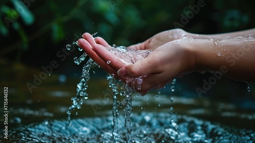 Close-up of a person's hand catching clear water droplets from a natural river. Water saving concept