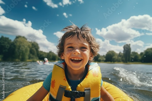 Portrait of a smiling child in a life jacket on an inflatable boat on a background of water. Safety of children on the water