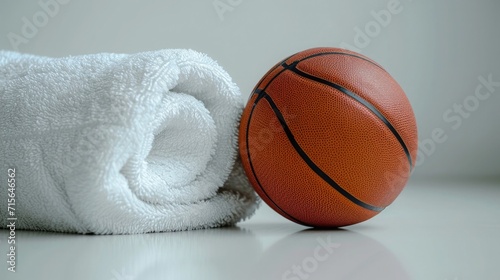 Basketball and gym towel on a white surface, representing indoor and outdoor sports activities