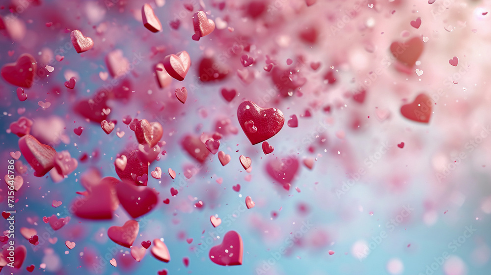 valentine day background with red hearts raining down, light blue background concept