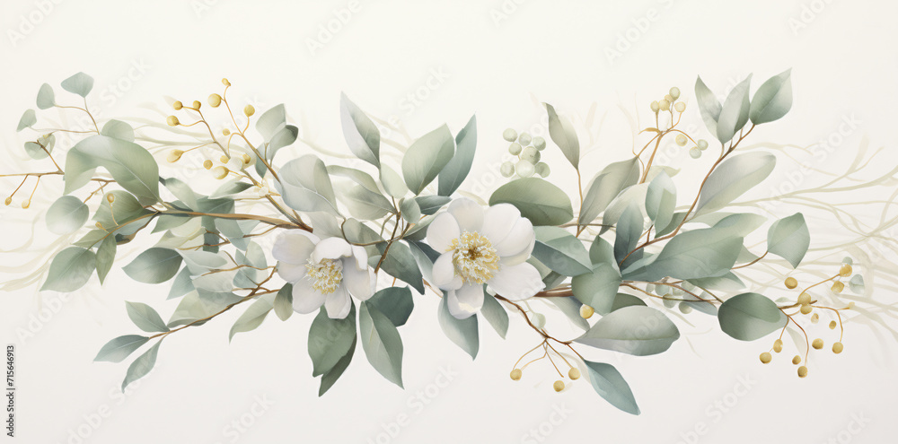 green watercolor foliage graphic, in the style of dark white and light gold, light brown and light aquamarine, nature-inspired installations, ephemeral