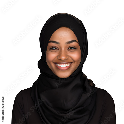 Joyful young black woman in headscarf, portrait of a smiling afro muslim girl, Isolated on Transparent Background, PNG © Giu Studios