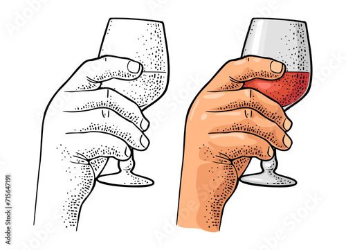 Male hand holding glass with wine. Vintage color vector engraving