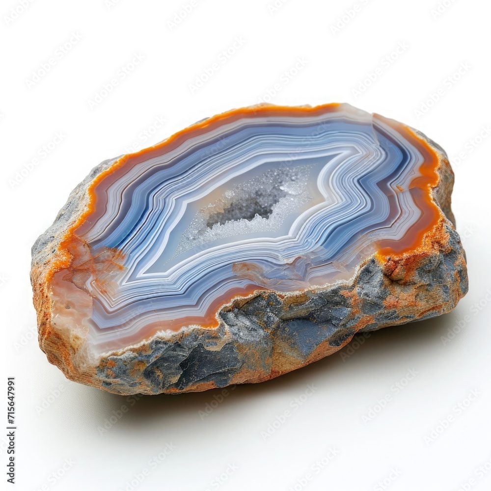 Agate showcasing its intricate patterns and earthy tones, elegantly displayed on a white background