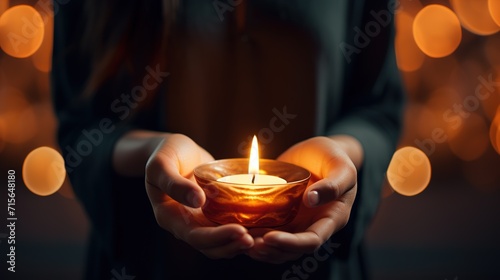 Romantic atmosphere with candle lights and flowers on dark background