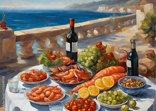 Seafood table on the terrace overlooking the Mediterranean Sea